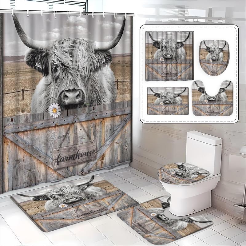 Home Bathroom With Two Toilets - 1/3/4Pcs Creative Scottish Highland Cow, Featuring
